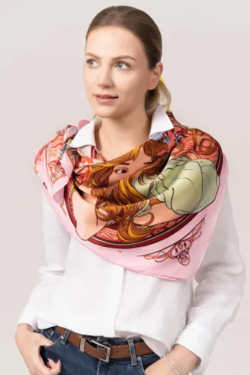 Grand Carré de Soie Naturelle 100 x 100 cm - Foulard Soie Femme Imprimé en Sérigraphie - Carré Soie Roulottage Manuel - Soie Satin - Emballage Soigné Mucha Rouge