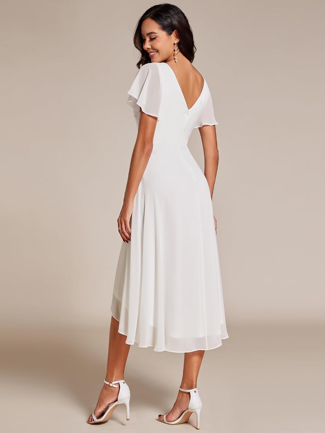 Ever-Pretty Robe Témoin de Mariage Asymétrique High Low Col V Manches Volantées Mousseline Midi Taille Empire Belle Robe Soirée Chic EG01756-P 44 Blanc