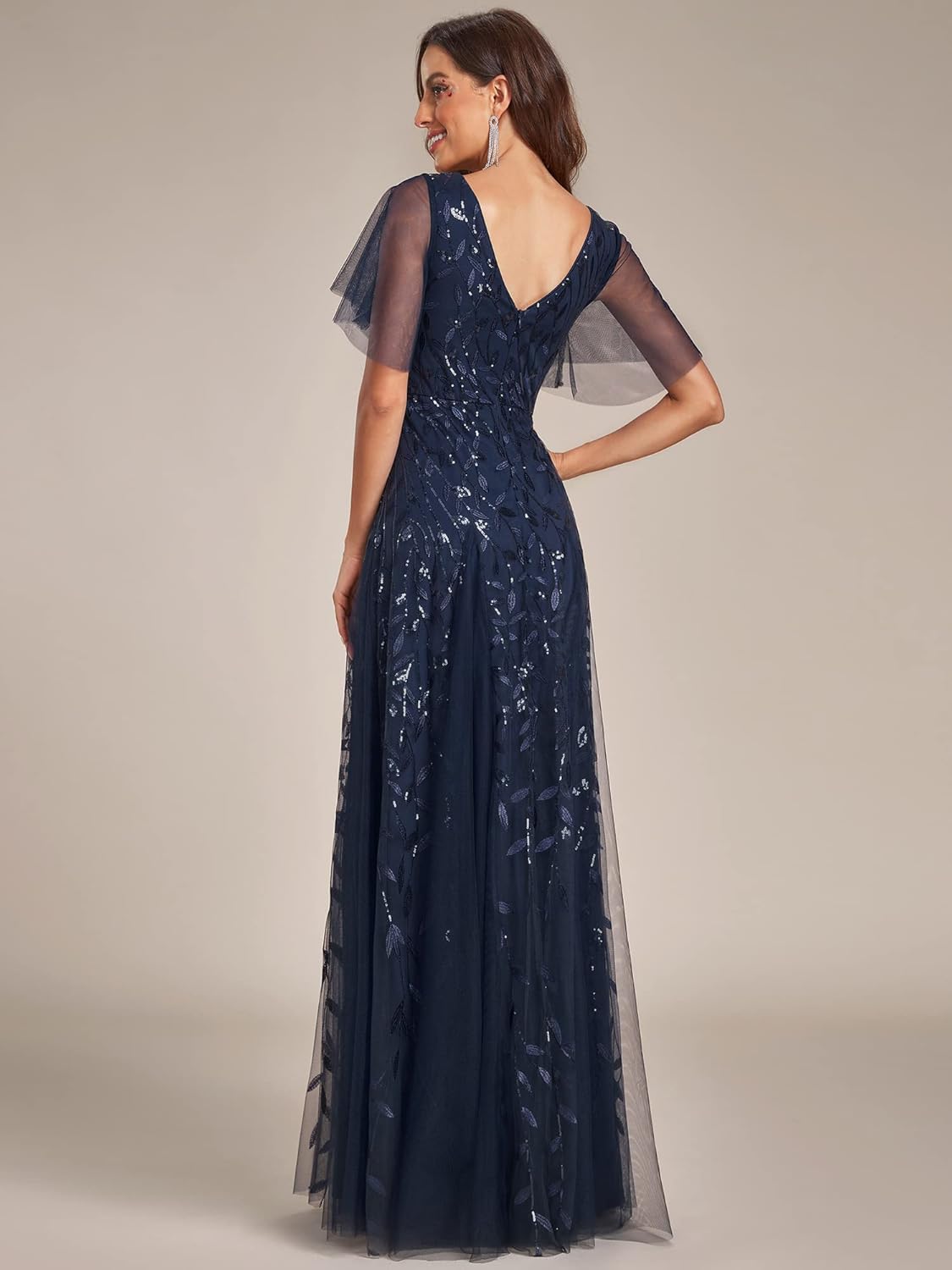 Ever-Pretty Robe de Mariée Pas Cher Paillettes et Tulle A Line Col V Manches Courtes EE00736 38 Bleu Marine