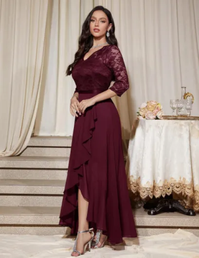 Bboninedress Robe de Soirée Cocktail Longue Asymétrique pour Mariage Invité Bal de Promo Anniversaire Cérémonie en Mousseline de Soie L Bordeaux-3