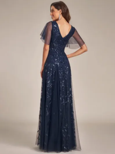 Ever-Pretty Robe de Mariée Pas Cher Paillettes et Tulle A Line Col V Manches Courtes EE00736 42 Bleu Marine
