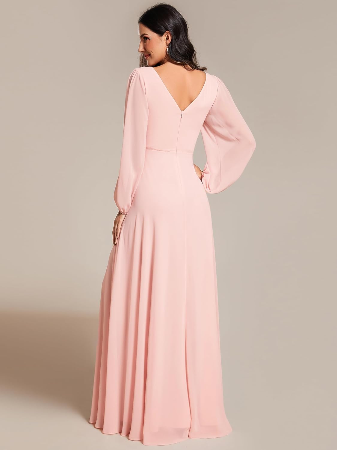 Ever-Pretty Robe de Soirée Femme Longue Invité Mariage Mousseline Manches Longues Col V A Line Chic EE01981 48 Rose