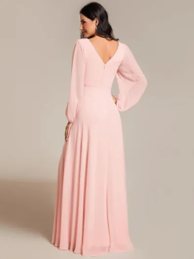 Ever-Pretty Robe de Soirée Femme Longue Invité Mariage Mousseline Manches Longues Col V A Line Chic EE01981 48 Rose