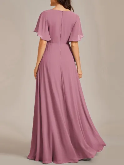 Ever-Pretty Robe de Témoin de Mariage Longue Appliqué Col V Manches Courtes Chic EE01960 44 Orchidée