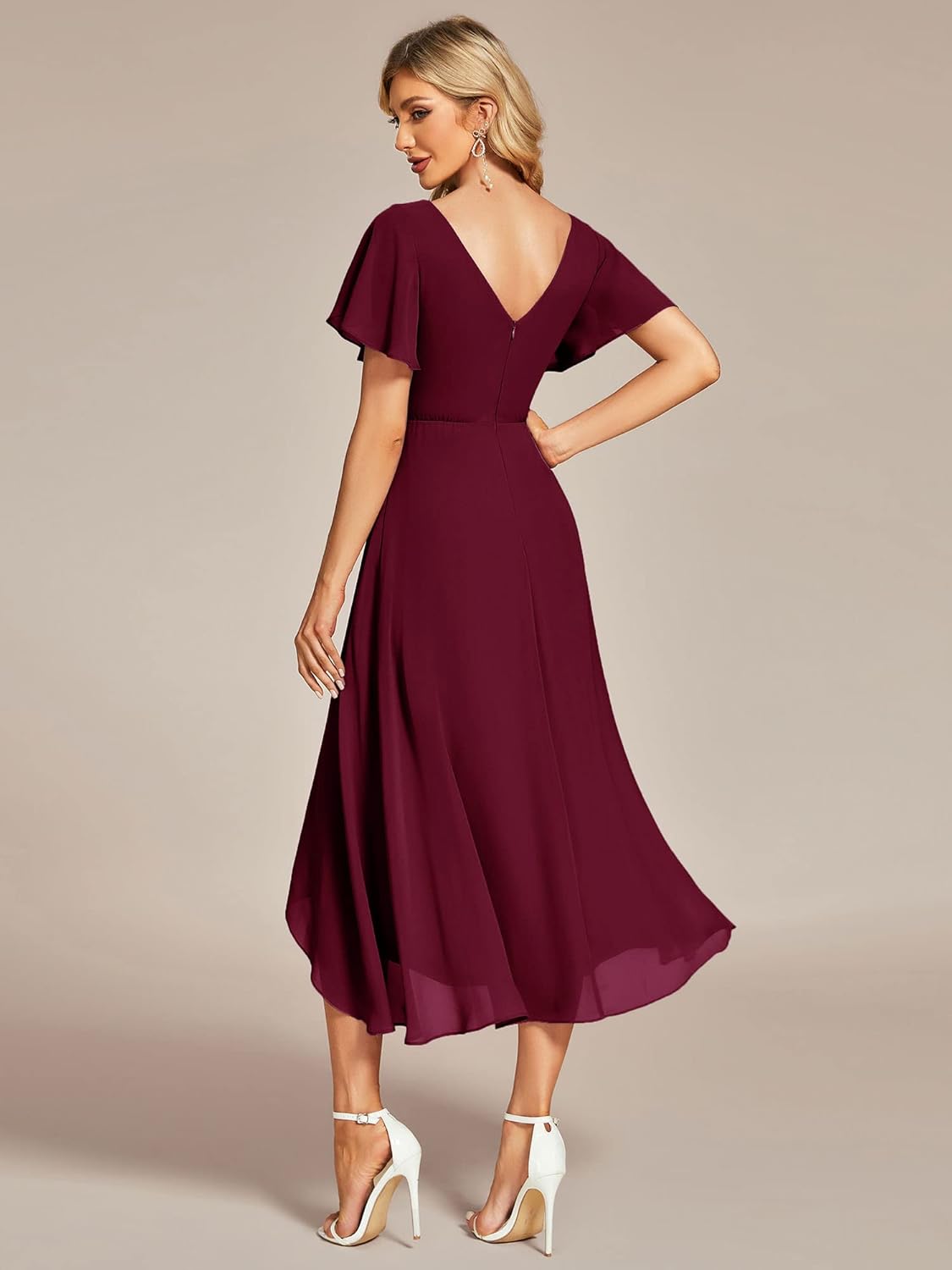 Ever-Pretty Robe Témoin de Mariage Asymétrique High Low Col V Manches Volantées Mousseline Midi Taille Empire Belle Robe Soirée Chic EG01756-P 44 Bordeaux