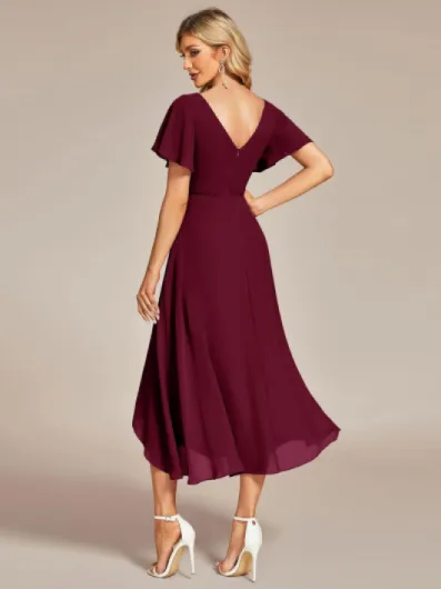 Ever-Pretty Robe Témoin de Mariage Asymétrique High Low Col V Manches Volantées Mousseline Midi Taille Empire Belle Robe Soirée Chic EG01756-P 44 Bordeaux