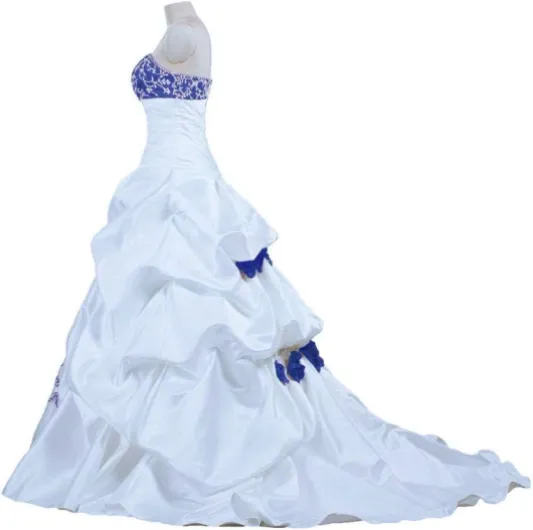 Zorayi Élégant Bustier Broderie Robe de Mariée en Taffetas et Organza - A-Ligne Longue Nuptiale pour Femmes 42 Blanc & Bleu