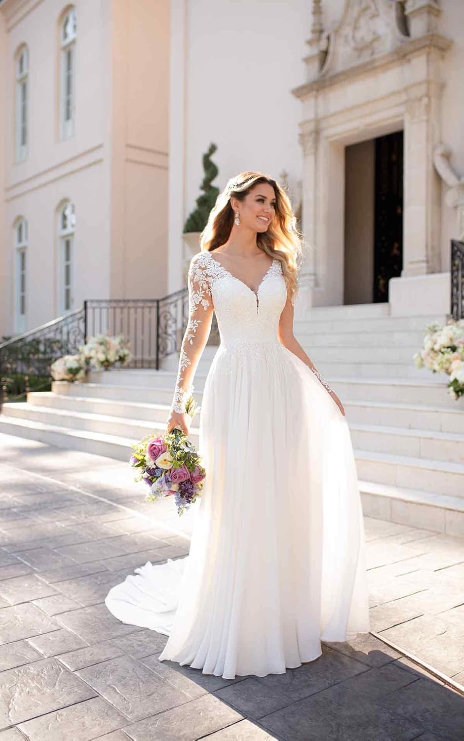 Robe de mariée pour femme - Col en V - Manches longues - Dentelle - Mousseline de soie - Style bohème - Robe de mariée - Mairie - Blanc - EUR 36