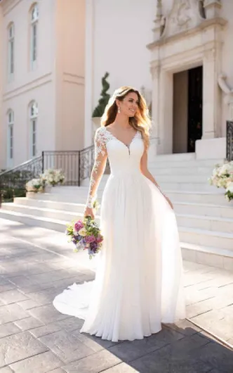 Robe de mariée pour femme - Col en V - Manches longues - Dentelle - Mousseline de soie - Style bohème - Robe de mariée - Mairie - Blanc - EUR 36