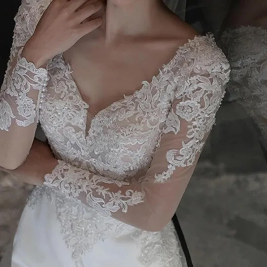Robe MariéE SirèNe Manches Longues,Robe De MariéE SirèNe avec Traine,Robe De MariéE Sexy V pour Femme,éLéGant Et Raffiné,pour Mariages,DîNers De FestivitéS Blanc S