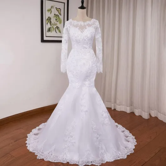 Robe de mariée sirène Manche Longue col Rond Perles Dentelle Grande Traine Robe de Mariage Me-0325 40 Blanc