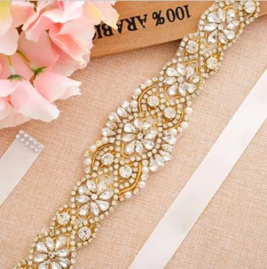 Ceinture de mariage en strass faite à la main avec ruban pour demoiselle d'honneur, accessoires de robe pour femme Or