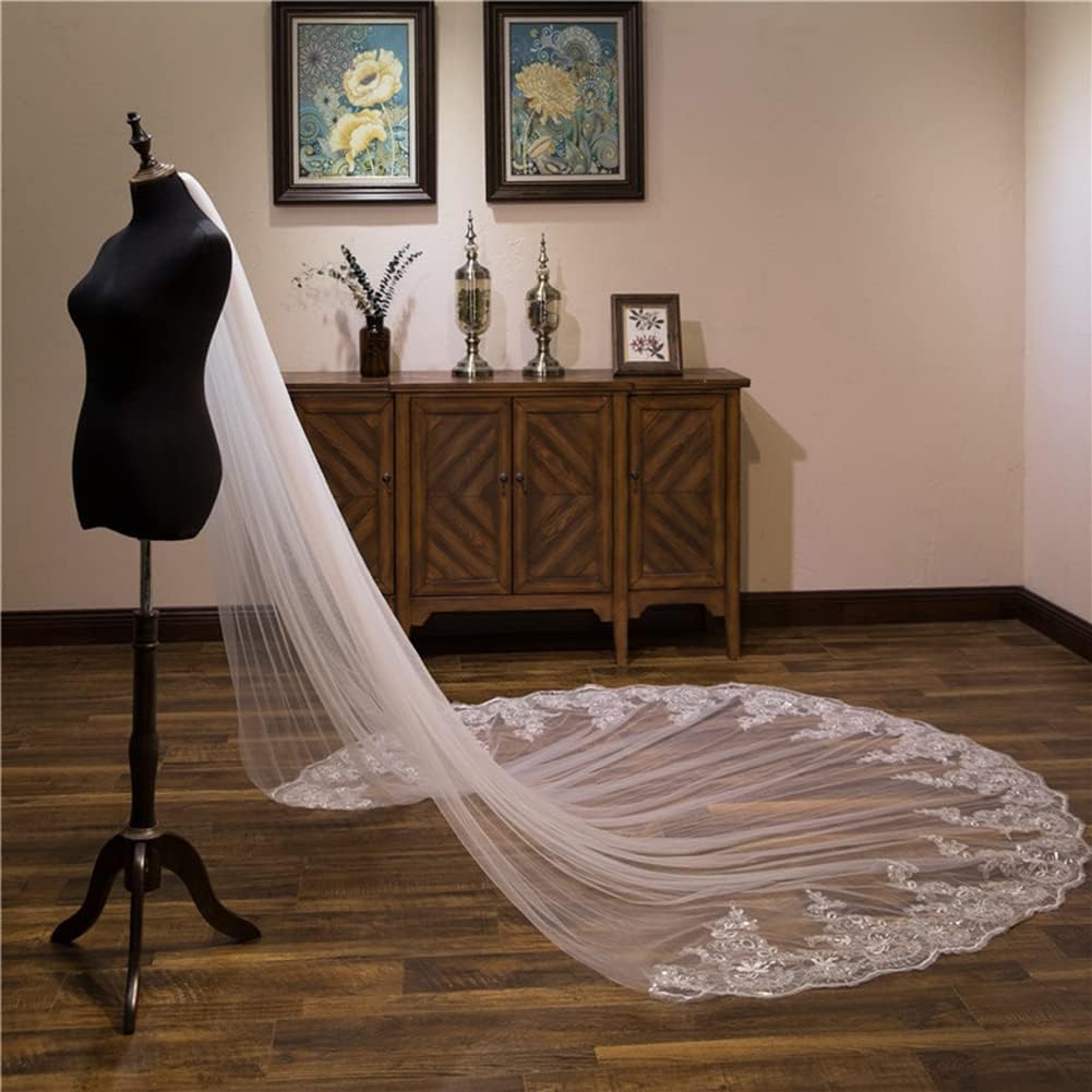 Voile de mariée long ivoire avec dentelle et paillettes, 3m x 3m, Tulle souple, Peigne inclus, Parfait pour mariage église et studio photo pour mariée