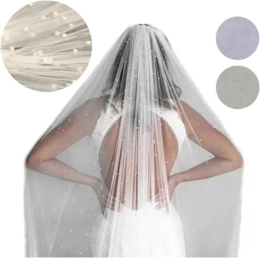 Voile de mariée avec perles blanc/ivoire - Voile de mariage - 1 couche de tulle souple - Avec peigne en métal - Élégent - Église - Long voile de perles - Accessoire de cheveux pour femme - 300 cm Blanc.