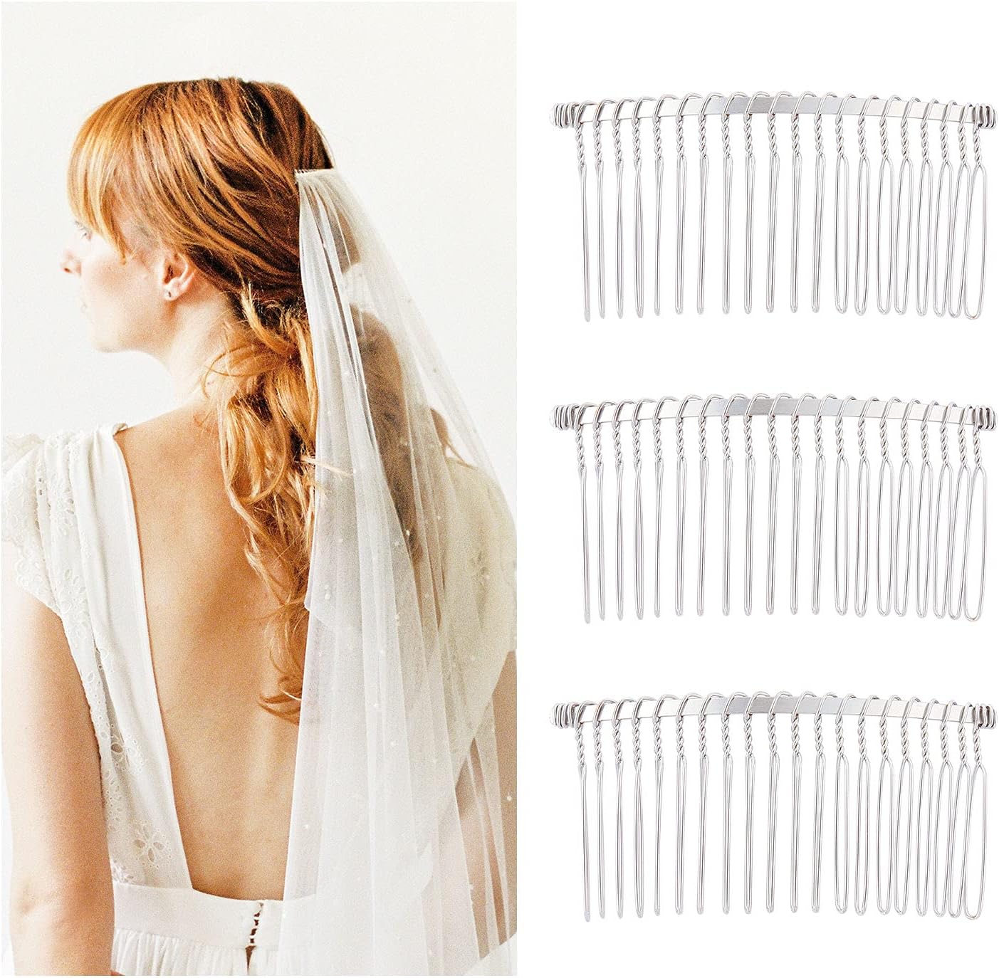 Lot de 20 peignes à cheveux à 20 dents en métal argenté, doré, noir, pinces à cheveux torsadées pour mariage, voile de mariée, accessoires décoratifs pour chignon (argenté) 3.6*7.5cm/1.4*3inch Argenté