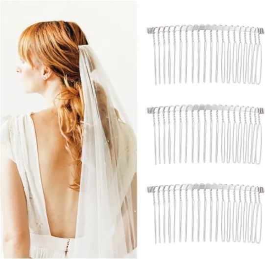 Lot de 20 peignes à cheveux à 20 dents en métal argenté, doré, noir, pinces à cheveux torsadées pour mariage, voile de mariée, accessoires décoratifs pour chignon (argenté) 3.6*7.5cm/1.4*3inch Argenté