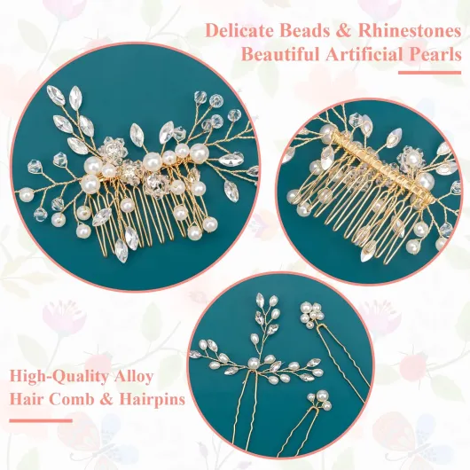 Lot de 4 épingles à cheveux en forme de U avec perles de cristal pour femmes et filles - Doré