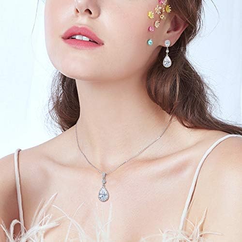 Femme Parure Élégant 925 Argent Strass Zircon Bijoux Mariage Mariée Boucle d'Oreille Collier Rond Goutte d'Eau Claire