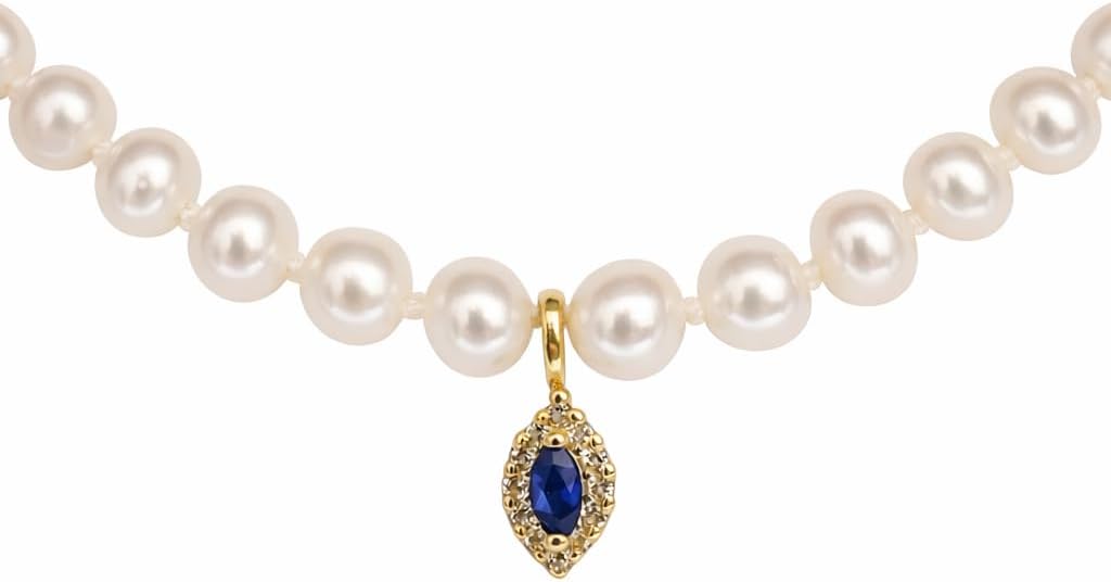 Collier de perles de culture avec pendentif en or jaune 18 carats, pierre bleue sertie pour femme, mariage, anniversaire, 42 cm