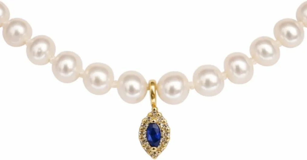 Collier de perles de culture avec pendentif en or jaune 18 carats, pierre bleue sertie pour femme, mariage, anniversaire, 42 cm