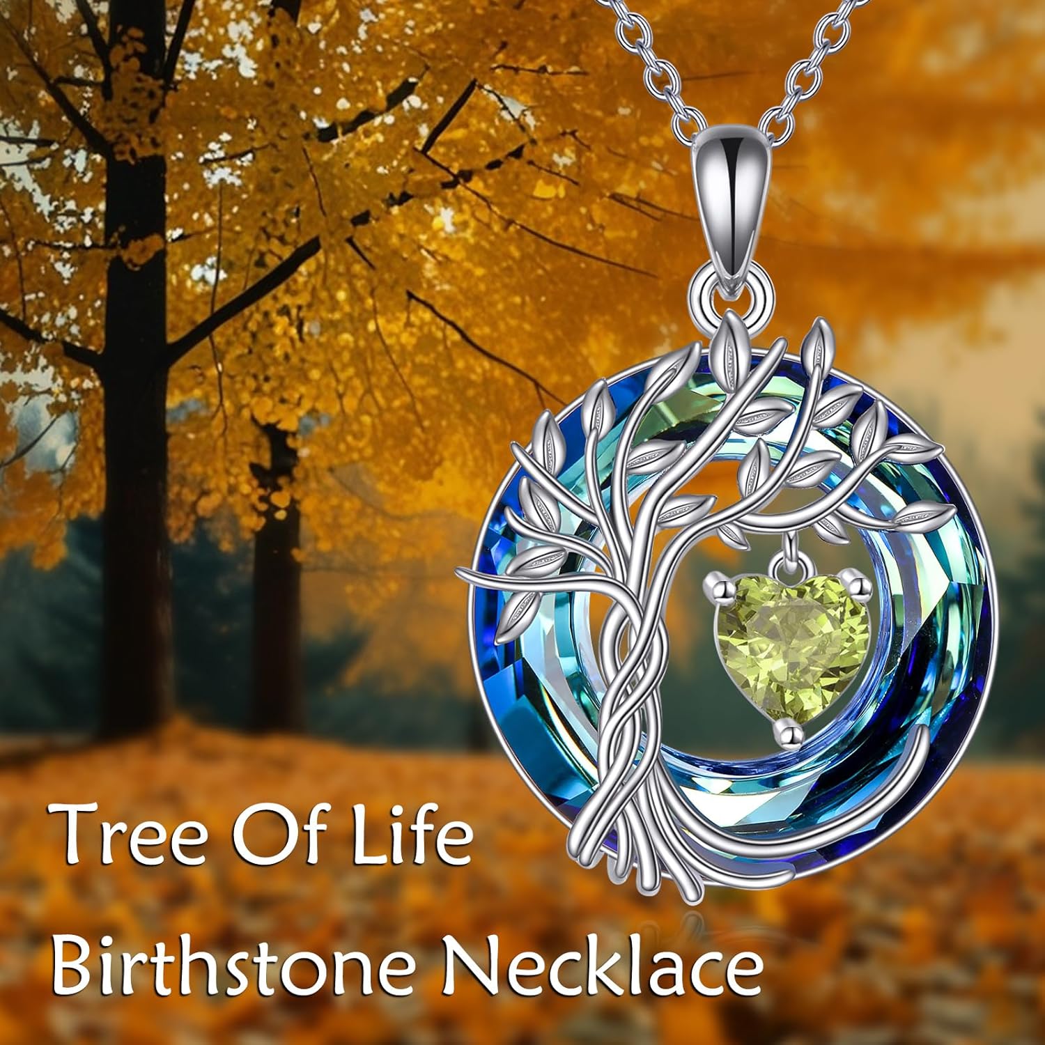 POPLYKE Collier avec pierre de naissance arbre de vie pour femme en argent sterling 925 - Bijou avec cristal - Cadeau de Noël pour mère, épouse 08-Août-Péridot​