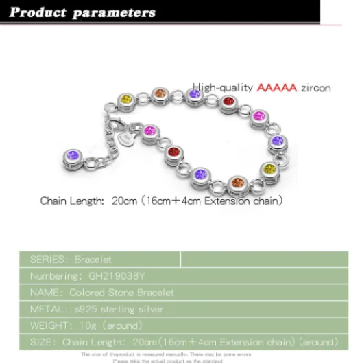 Dankadi Bracelet avec Pierres Colorées pour Femme Longueur 20CM en 925 Argent Sterling, Chaîne Zircone Cubique Ronde Rose Or Violet Rouge Réglable Jonc Cadeau de Bijoux Fête Anniversaire Mariage