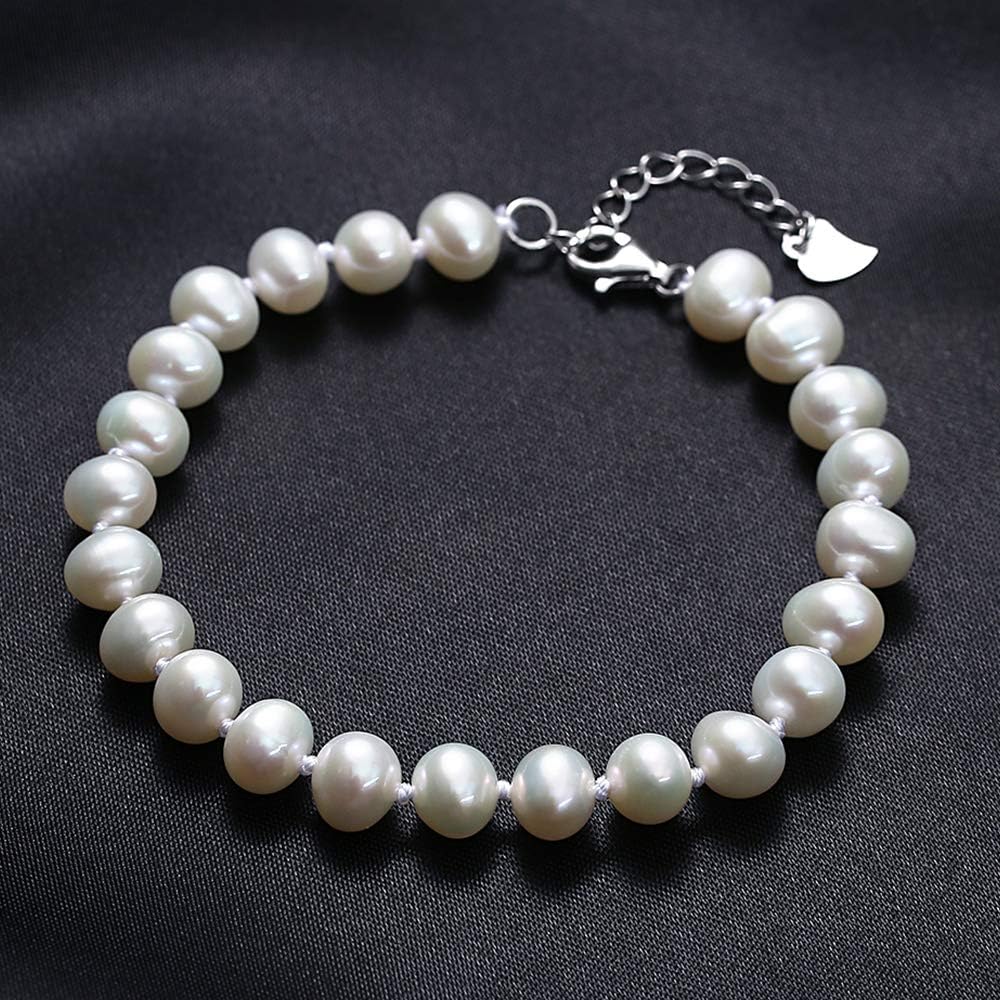 VIKI LYNN Bracelet Femme de Perles Blanche d'eau Douce culturelle 7-8mm Bracelet Fille en Argent Fin 925 Longueur 17+3.5cm idée Cadeau Maman Femme Fille Soeur Copine