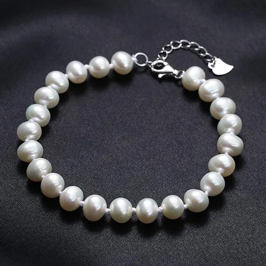 VIKI LYNN Bracelet Femme de Perles Blanche d'eau Douce culturelle 7-8mm Bracelet Fille en Argent Fin 925 Longueur 17+3.5cm idée Cadeau Maman Femme Fille Soeur Copine