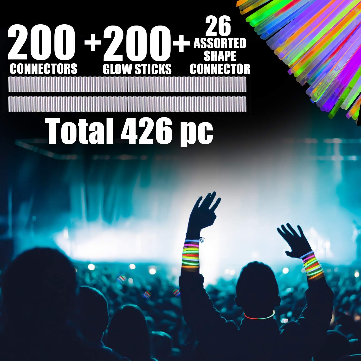 426 bâtons Lumineux Premium avec connecteurs, pour confectionner des Bracelets, Colliers et Autres Accessoires de fête, décoration de Noël (200 bâtons Lumineux + 226 connecteurs)