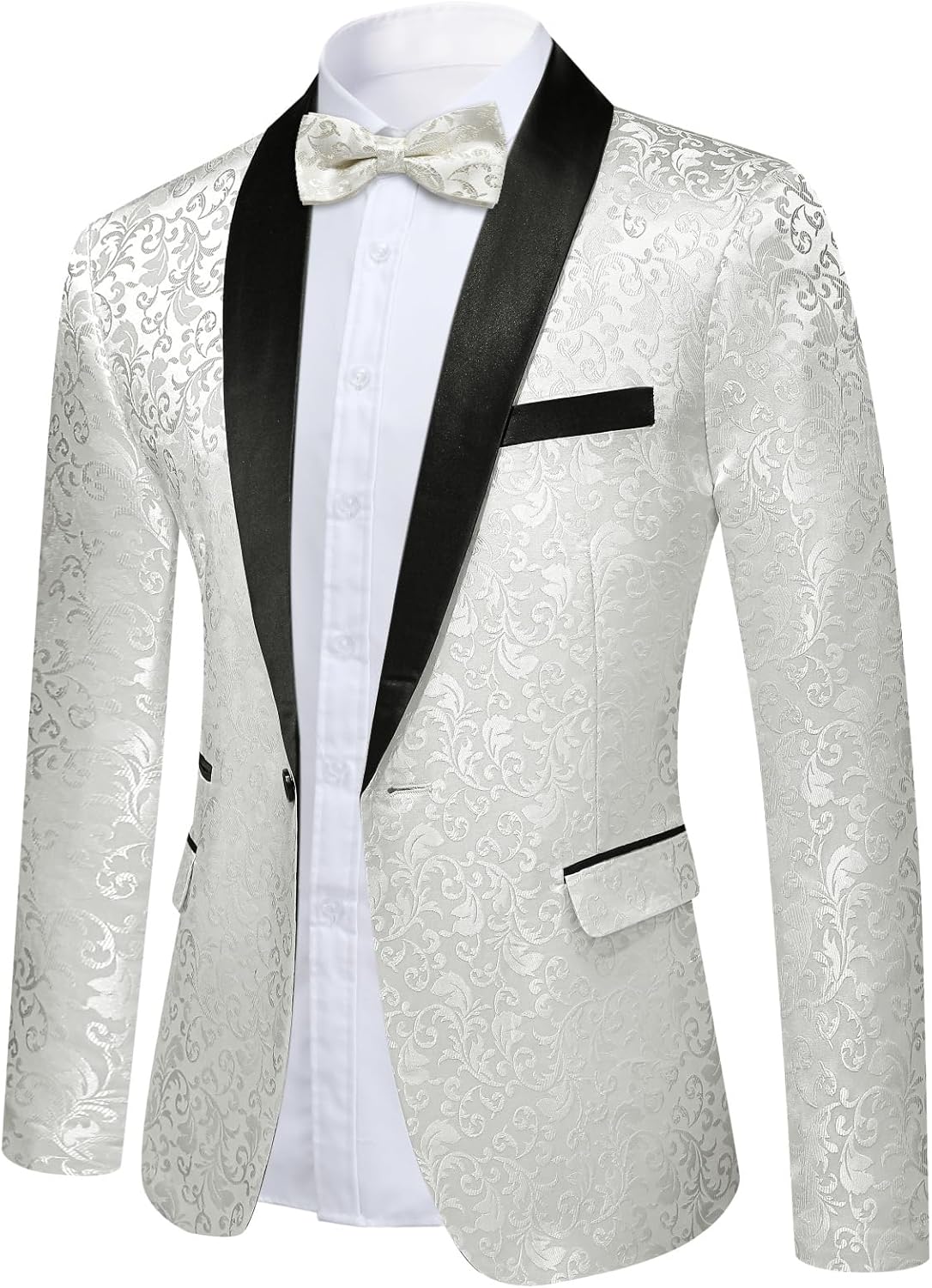 Costume Jacquard Homme 2 Pièces 1 Bouton Revers Châle Mariage Soirée Luxe Veste Pantalon Noeud Papillon S Blanc