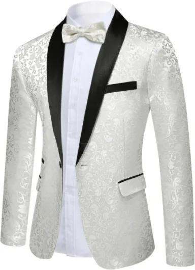 Costume Jacquard Homme 2 Pièces 1 Bouton Revers Châle Mariage Soirée Luxe Veste Pantalon Noeud Papillon S Blanc