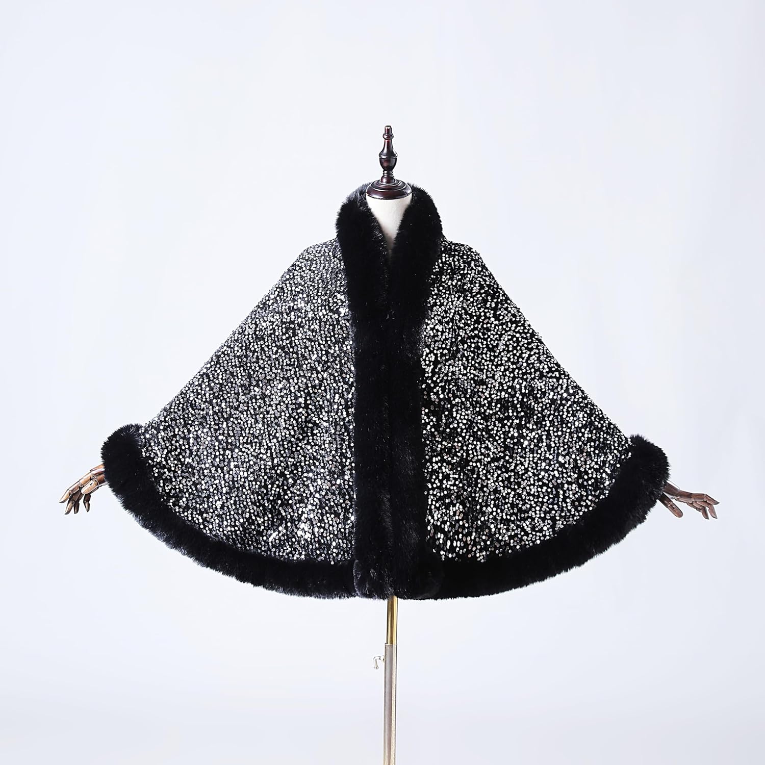 Châle de luxe en fausse fourrure pour femme - Manteau d'hiver en fourrure pour fête de mariage - Cape pour robes de soirée Paillettes Argentées - Noir Taille unique