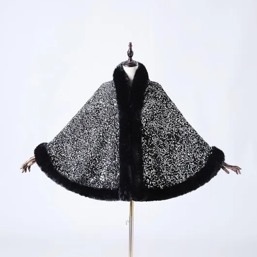 Châle de luxe en fausse fourrure pour femme - Manteau d'hiver en fourrure pour fête de mariage - Cape pour robes de soirée Paillettes Argentées - Noir Taille unique
