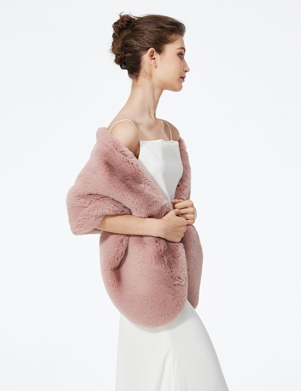 Châle Étole En Fausse Fourrure Cape Boléro De Femme Mariage Hiver Sur Robe de Soirée Mariée Cérémonie Fête Demoiselle d'honneur Grande Taille Amélioré - Rose Pêche