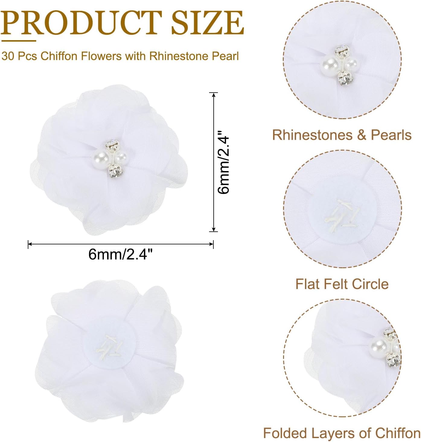 2 Pouce Fleurs en Mousseline, 30 Pcs Tissu à Coudre en Perles de Strass, Fleurs Artificielles, Appliques, Embellissements pour Vêtements, Mariage, Bricolage, Décoration, Blanc