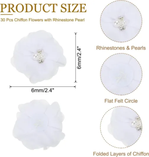 2 Pouce Fleurs en Mousseline, 30 Pcs Tissu à Coudre en Perles de Strass, Fleurs Artificielles, Appliques, Embellissements pour Vêtements, Mariage, Bricolage, Décoration, Blanc