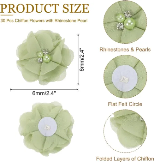 2 Pouce Fleurs en Mousseline, 30 Pcs Tissu à Coudre en Perles de Strass, Fleurs Artificielles, Appliques, Embellissements pour Vêtements, Mariage, Bricolage, Décoration, Vert