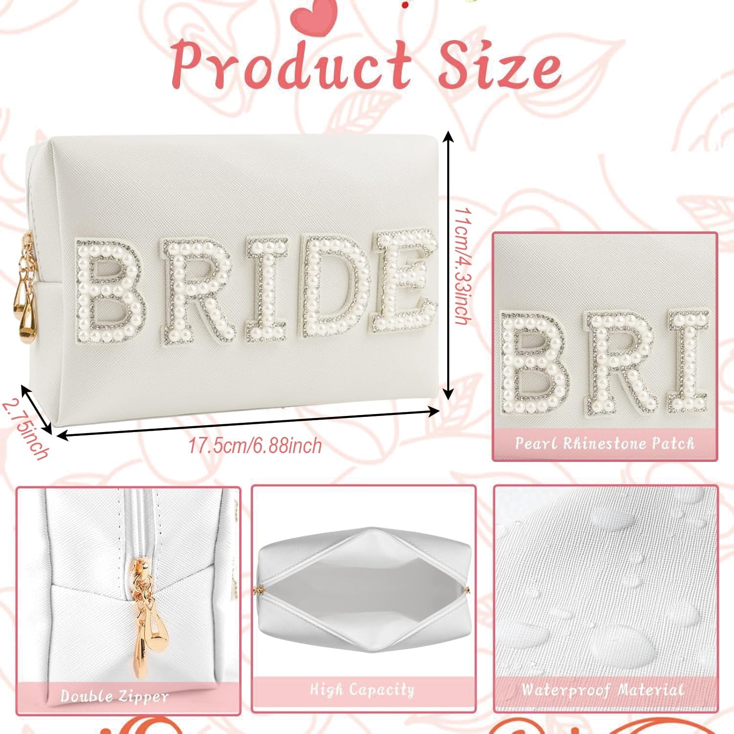 Accessoires de Mariage pour Cheveux, Acrylic Hair Clip et Bride Makeup Bag, Pince à Cheveux pour Mariage, Sac de Maquillage Mariée, Blanche avec Perles, Décorations de Mariée
