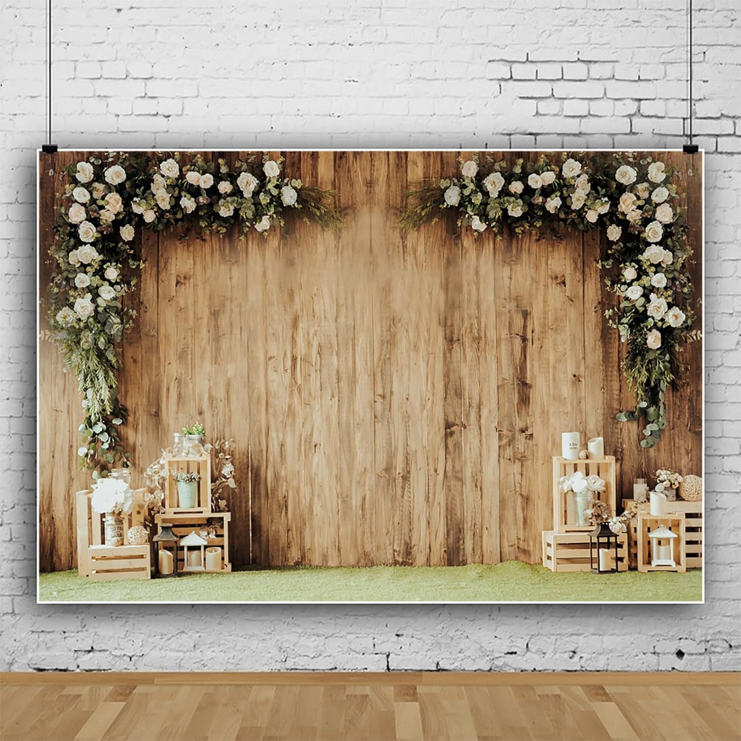 2,2x1,5m Fond de Mariage pour la Photographie Fond de Jardin Secret en Bois Rustique Fleur Blanche Support de Fleur Anniversaire de Mariage Accessoires de Studio de Photo Portrait, Vinyle