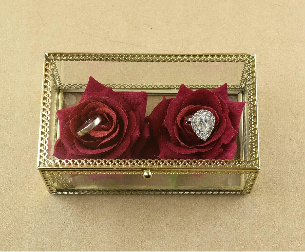 Boîte à Bijoux Porte-Alliances Mariage + Fleur en Velours Rouge Original Moderne Accessoire pour les Mariés Dimension 14x8 cm Multicolore