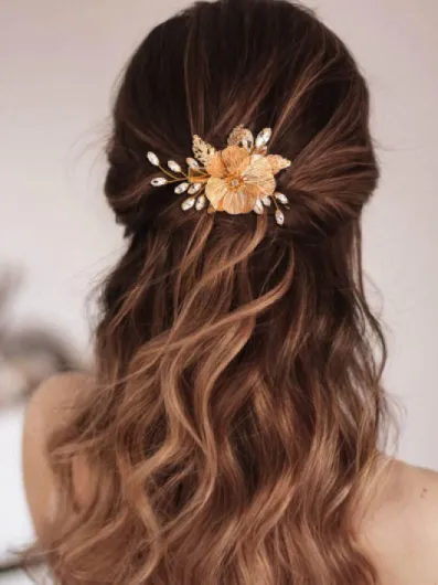 Pince à cheveux en forme de fleur pour mariée - Doré - Cristal - Pour femme et fille Doré 1 unité (Lot de 1)