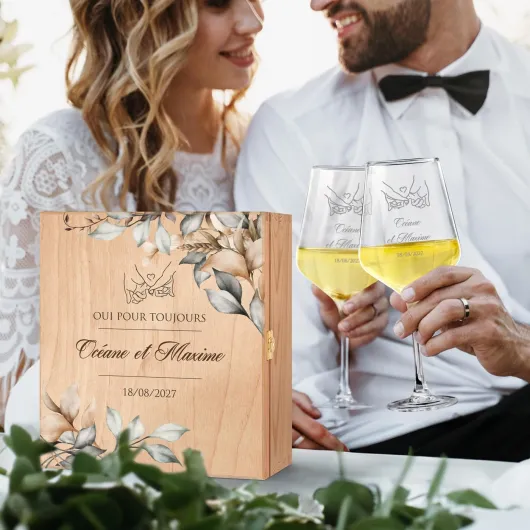 Cadeau Mariage Personnalisé - 2 Verres à Vin 490 ml avec Gravure pour Elle et Lui et Coffret en Bois - Cadeau Personnalisé pour Couples - Noel - Verre Couple Jeunes Mariés Pour Toujours