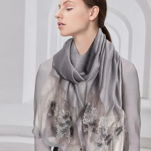 Foulard Soie De Mûrier Écharpe En Mousseline De Soie Femme Délicate Broderie Ginkgo Tulle Transparent Léger Doux Écharpe Longue Châle De Protection Solaire Étole De Mariage Printemps Automne Broderie Jaune