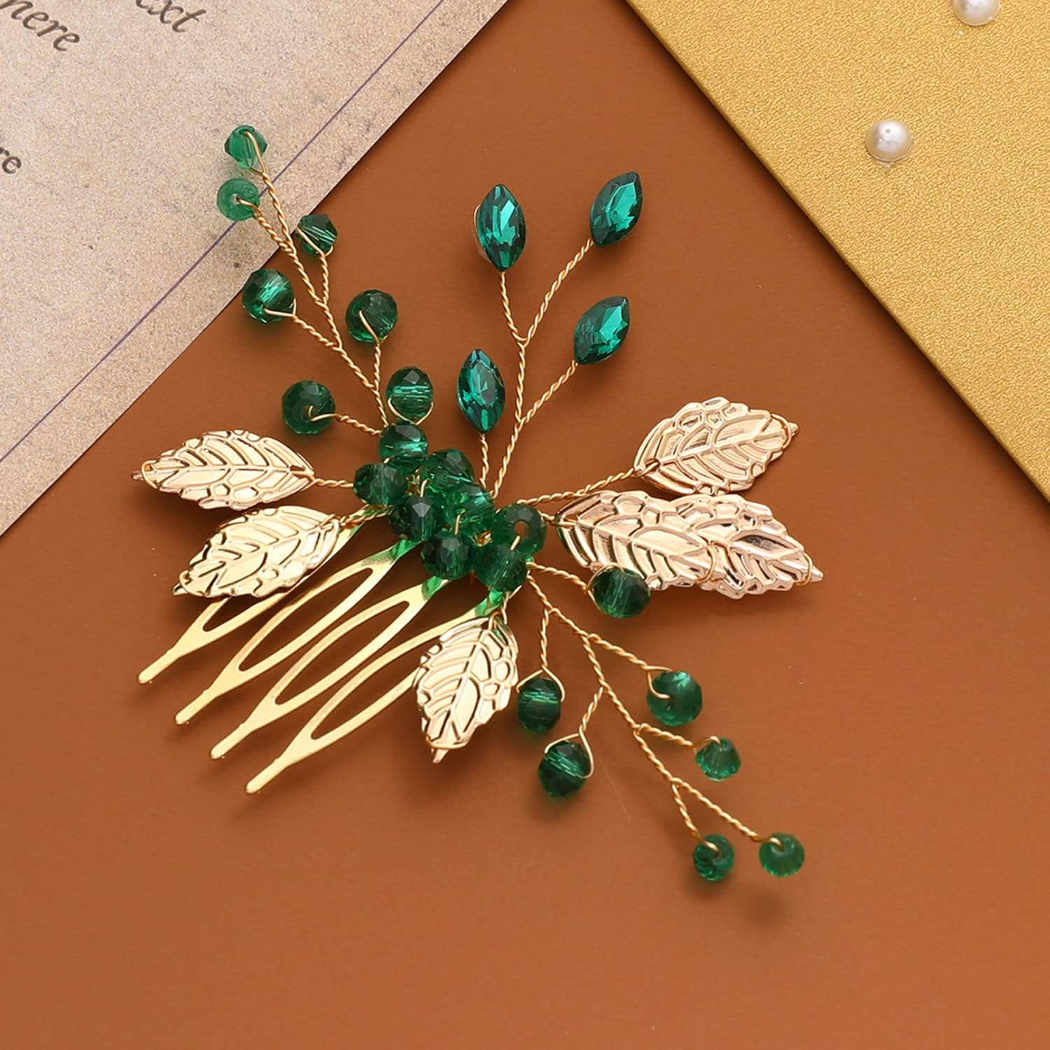 Vin Beauty Accessoires de cheveux de mariage pour les mariées, feuilles dorées vertes émeraudes en cristal, peigne à cheveux vintage pour mariée et demoiselles d'honneur