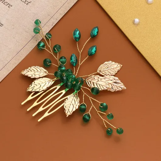 Vin Beauty Accessoires de cheveux de mariage pour les mariées, feuilles dorées vertes émeraudes en cristal, peigne à cheveux vintage pour mariée et demoiselles d'honneur