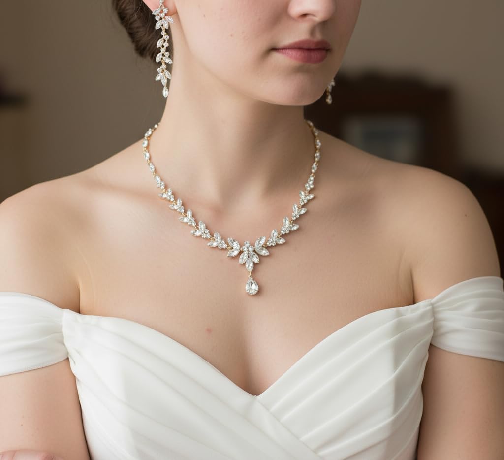 Parure Bijoux Femme Mariage Mariée en Cristal Autrichien Élégant Collier Boucles d'Oreilles Pendantes et Bracelets 3PCS Ensemble Marquise Avec Feuilles De Strass Clair Ton d'argent Ton doré clair