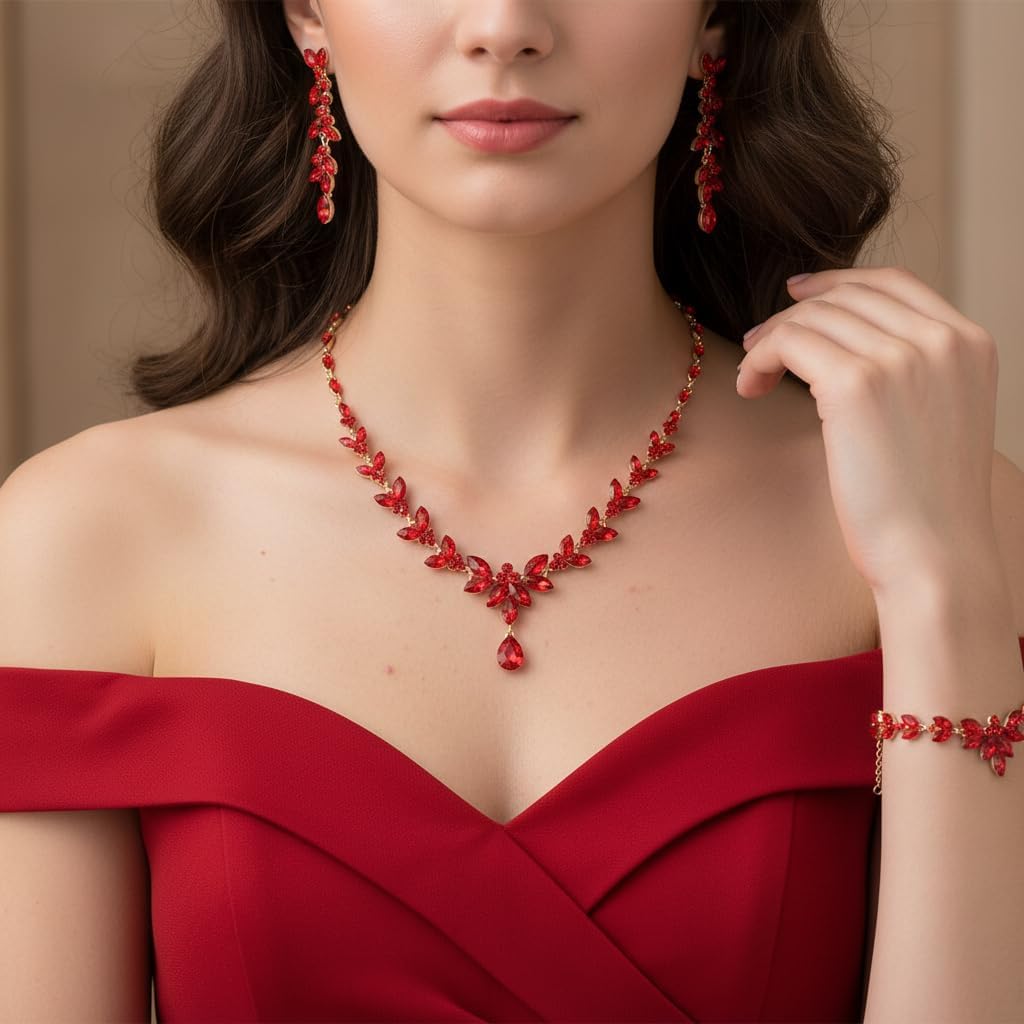 Parure Bijoux Femme Mariage Mariée en Cristal Autrichien Élégant Collier Boucles d'Oreilles Pendantes et Bracelets 3PCS Ensemble Marquise Avec Feuilles De Strass Clair Ton d'argent Plaqué or rouge
