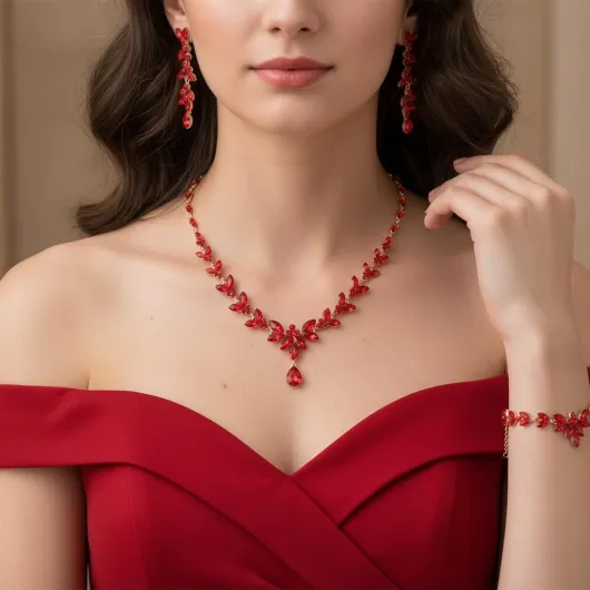 Parure Bijoux Femme Mariage Mariée en Cristal Autrichien Élégant Collier Boucles d'Oreilles Pendantes et Bracelets 3PCS Ensemble Marquise Avec Feuilles De Strass Clair Ton d'argent Plaqué or rouge