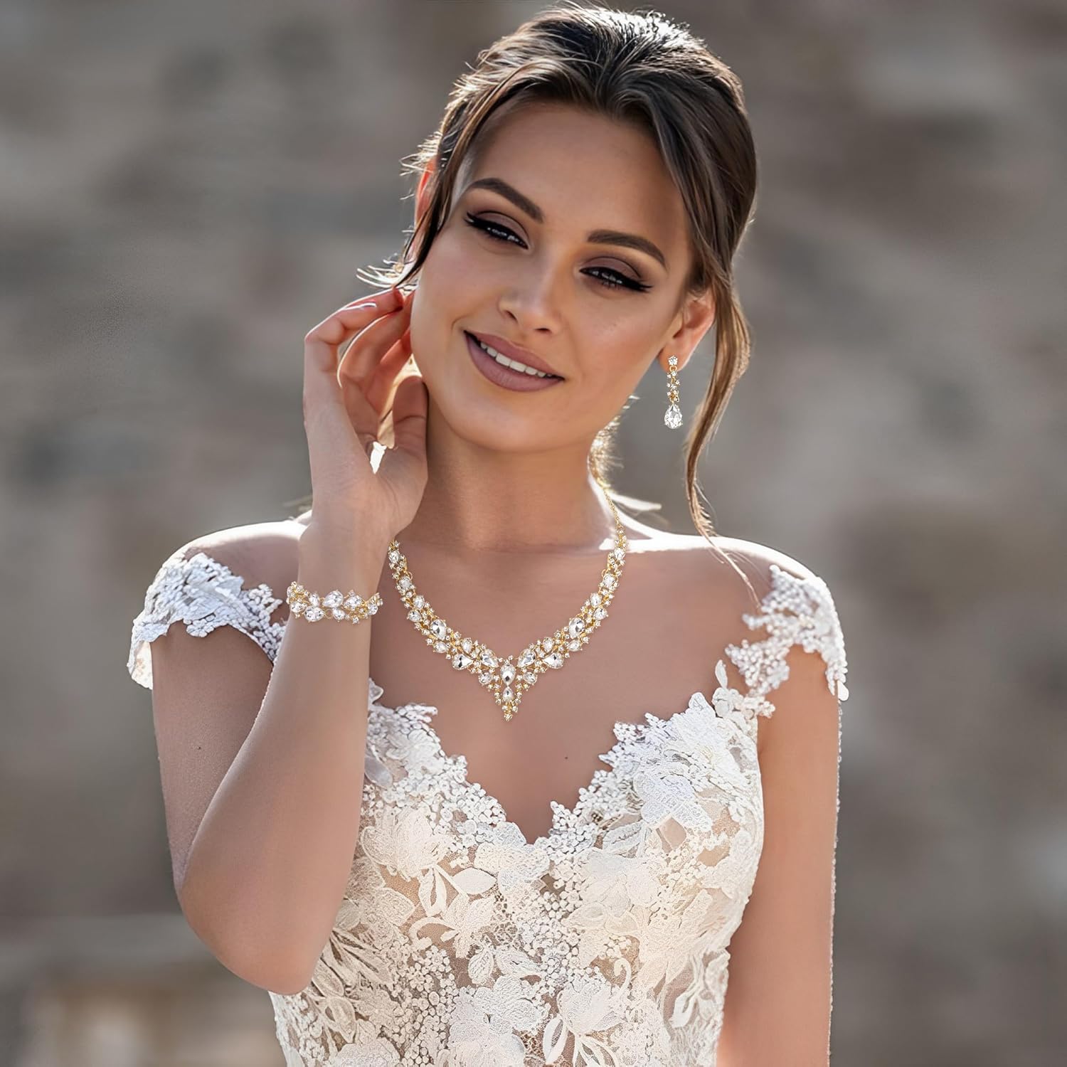 Parure Bijoux Mariage Collier Boucles d'oreilles et Bracelet 3PCS Ensemble pour Femmes Autrichiennes Cristal Goutte d'eau Cluster de Clair Ton d'argent Clair Ton D'or