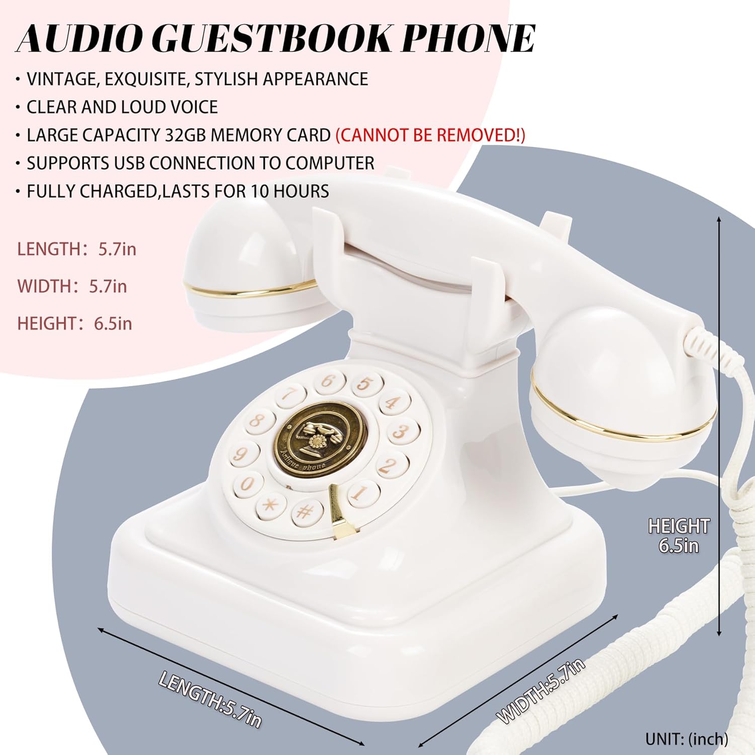 Livre d'or audio de mariage,telephone livre d or audio,enregistrez des messages audio personnalisés,pour préserver vos occasions spéciales(Blanc)